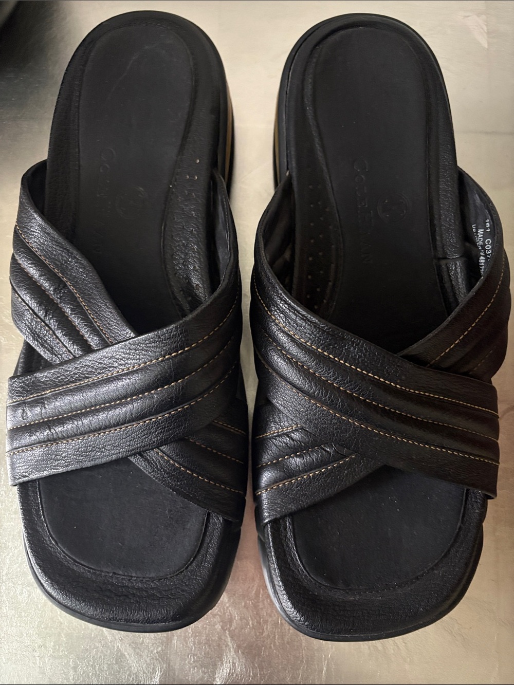 Cole Haan Black Cross-Strap Leather Slide Sandals for Men, size 10M